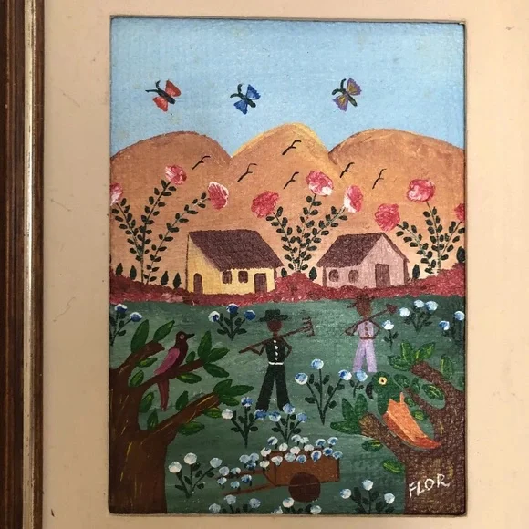 Original Folk Art/Painting/Acrylic on Canvas Picking up Cotton Signed